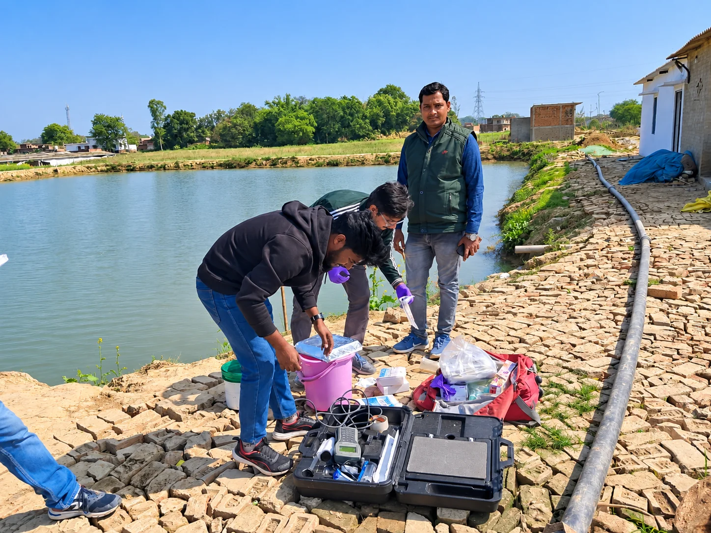 Fish farmers and JFLEURS team at pond facility